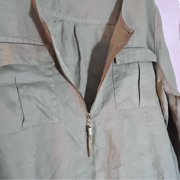 Ellen Tracy linen Large popover top Shirt Olive ling line rolled Sleeves 1/2 Zip - Picture 6 of 10